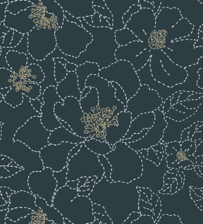 Papel pintado de flores en estilo de costura delicada fondo azul oscuro - Nomad Blossom 683154