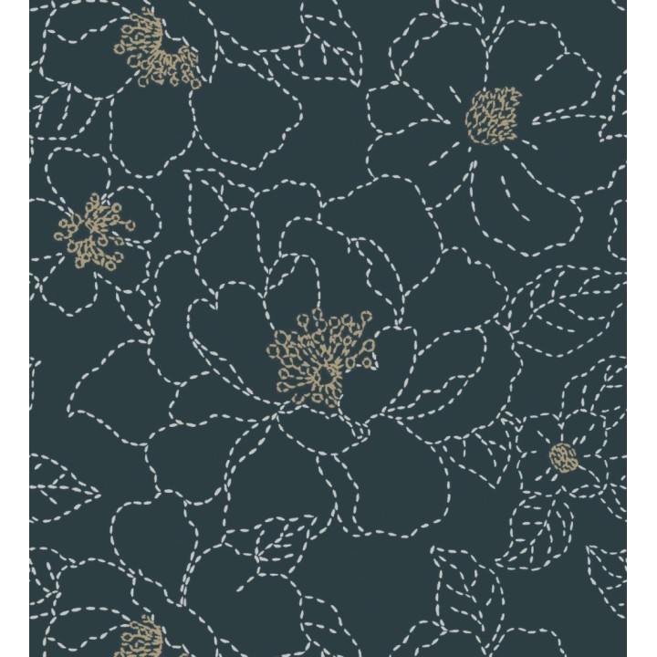 Papel pintado de flores en estilo de costura delicada fondo azul oscuro - Nomad Blossom 683154