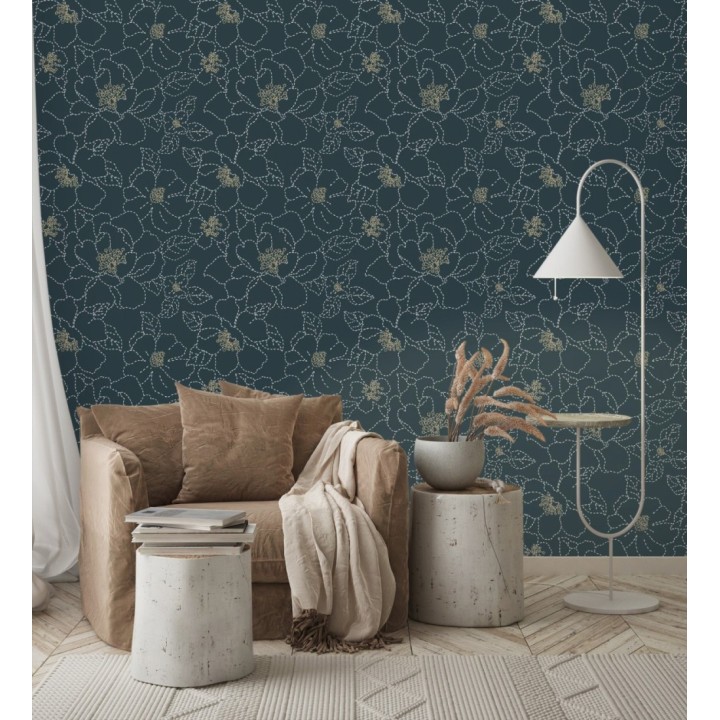 Papel pintado de flores en estilo de costura delicada fondo azul oscuro - Nomad Blossom 683154