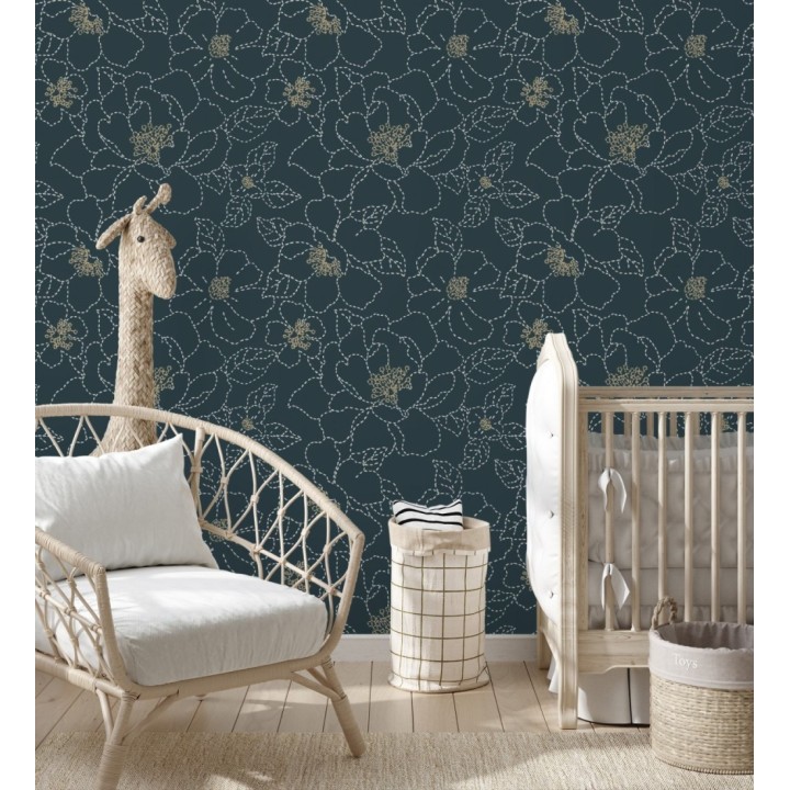 Papel pintado de flores en estilo de costura delicada fondo azul oscuro - Nomad Blossom 683154