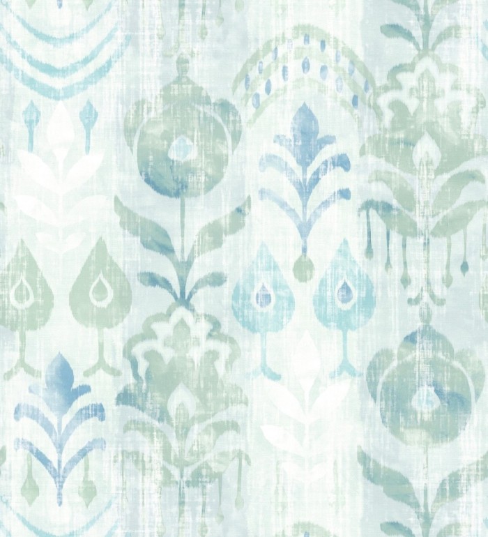 Papel pintado ikat con motivos florales tonos verde agua - Bohemian Canopy 683157