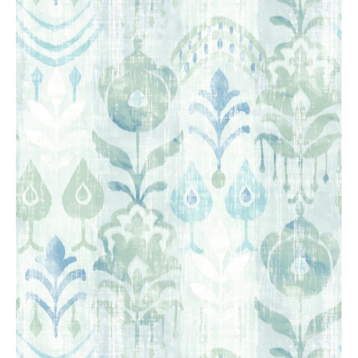 Papel pintado ikat con motivos florales tonos verde agua - Bohemian Canopy 683157