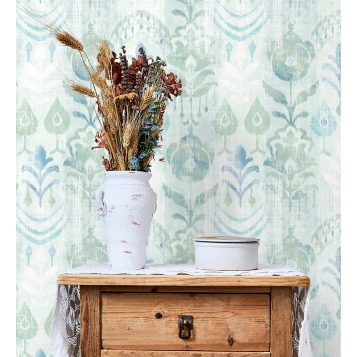 Papel pintado ikat con motivos florales tonos verde agua - Bohemian Canopy 683157