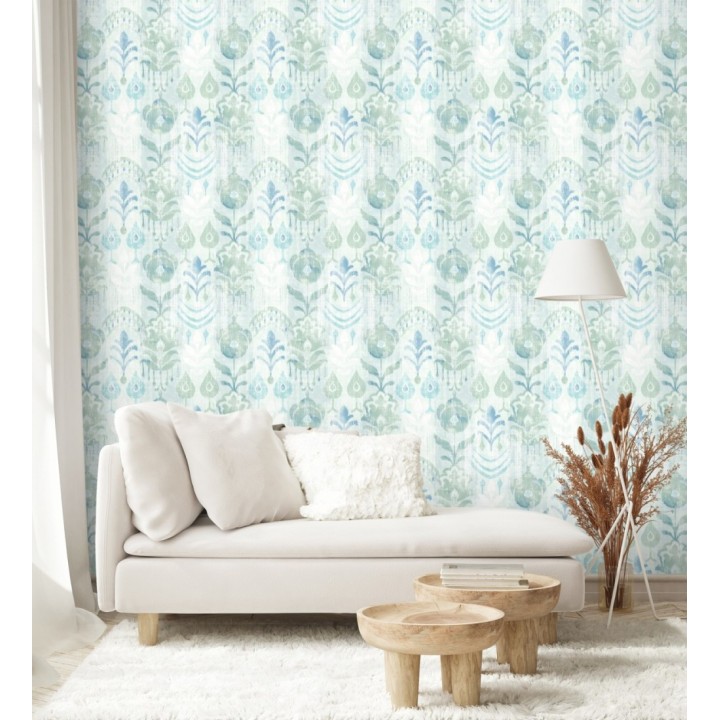 Papel pintado ikat con motivos florales tonos verde agua - Bohemian Canopy 683157