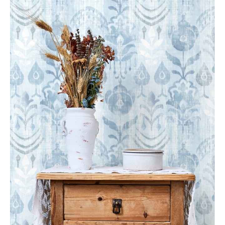 Papel pintado ikat con motivos florales tonos azules - Bohemian Canopy 683158