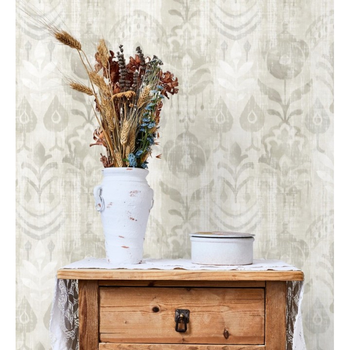 Papel pintado ikat con motivos florales tonos beige - Bohemian Canopy 683160