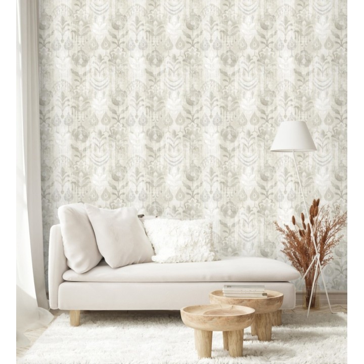 Papel pintado ikat con motivos florales tonos beige - Bohemian Canopy 683160