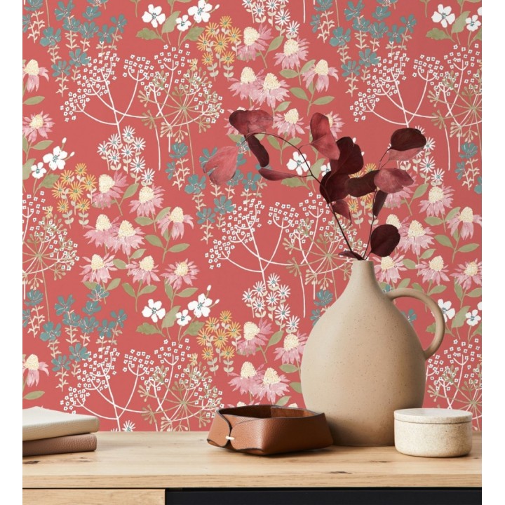 Papel pintado flores silvestres coloridas fondo rojo - Patagonia Wildflowers 683164