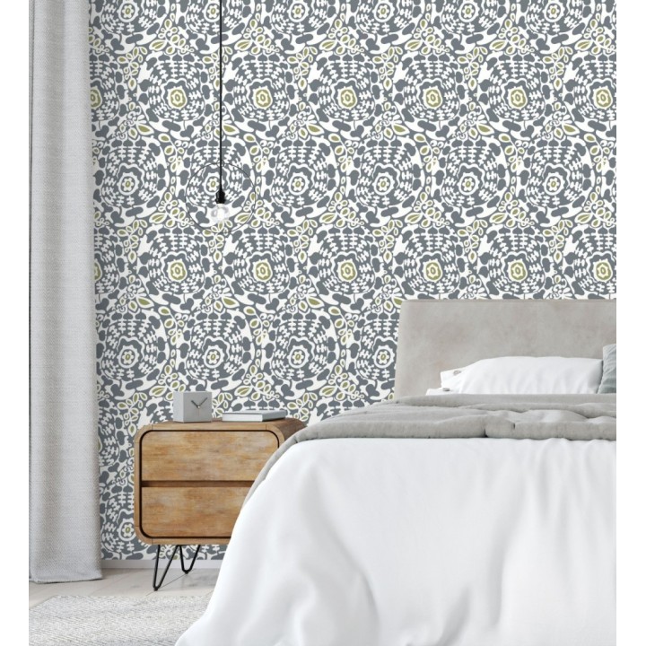 Papel pintado floral con inspiración étnica tonos azul y verde - Maiba Flowers 683182