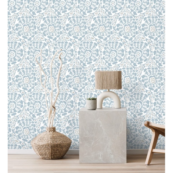 Papel pintado floral con inspiración étnica tonos azul y gris - Maiba Flowers 683184