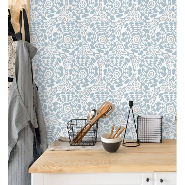 Papel pintado floral con inspiración étnica tonos azul y gris - Maiba Flowers 683184