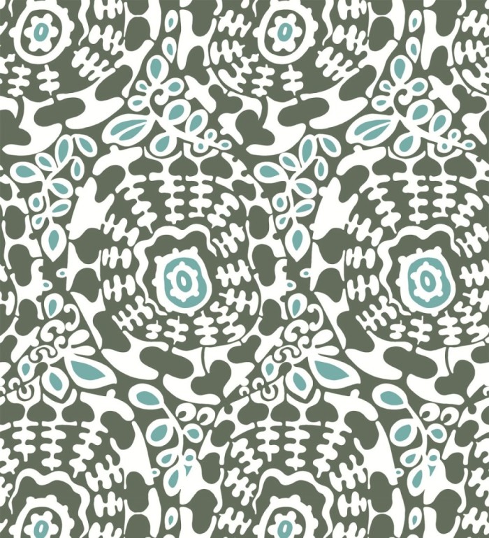 Papel pintado floral con inspiración étnica tonos verde oscuro y turquesa - Maiba Flowers 683185
