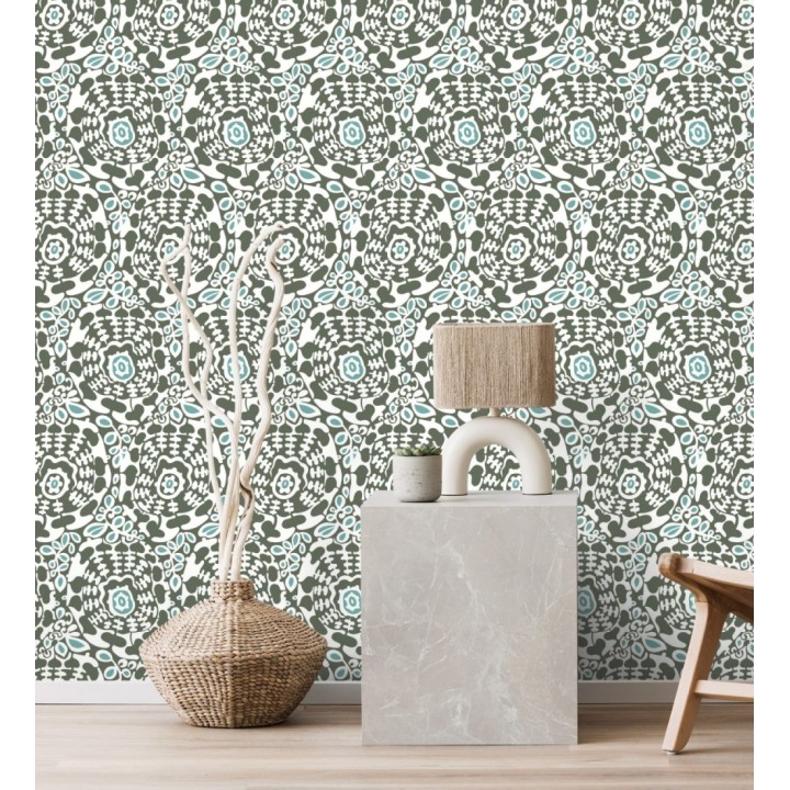 Papel pintado floral con inspiración étnica tonos verde oscuro y turquesa - Maiba Flowers 683185