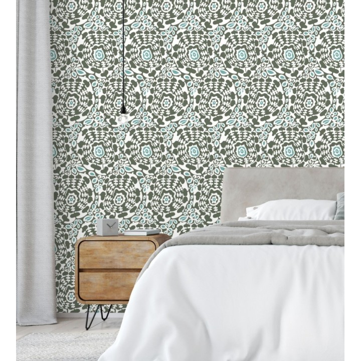 Papel pintado floral con inspiración étnica tonos verde oscuro y turquesa - Maiba Flowers 683185