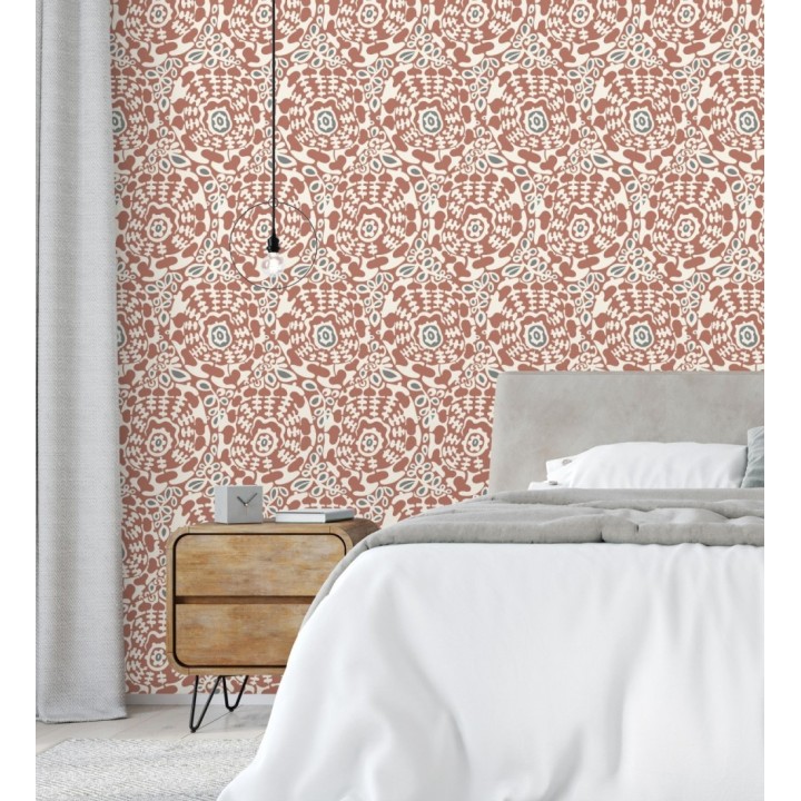 Papel pintado floral con inspiración étnica tonos rojo y gris oscuro - Maiba Flowers 683186