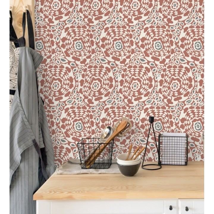 Papel pintado floral con inspiración étnica tonos rojo y gris oscuro - Maiba Flowers 683186