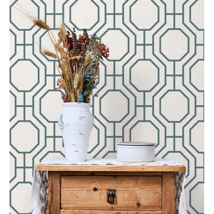 Papel pintado de celosía con formas octagonales color azul - Berlin Essence 683193