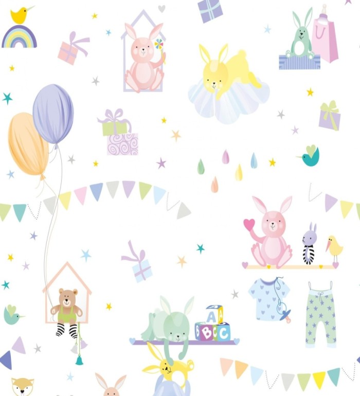 Papel pintado mural infantil con ilustraciones de juguetes y globos - Baby Joy 683211