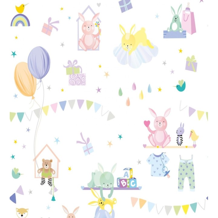 Papel pintado mural infantil con ilustraciones de juguetes y globos - Baby Joy 683211