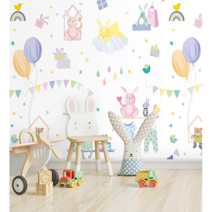 Papel pintado mural infantil con ilustraciones de juguetes y globos - Baby Joy 683211