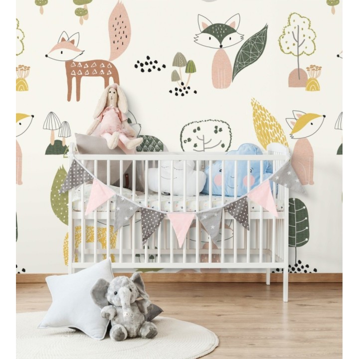 Papel pintado mural infantil con adorables zorritos en el bosque - Baby Joy 683212