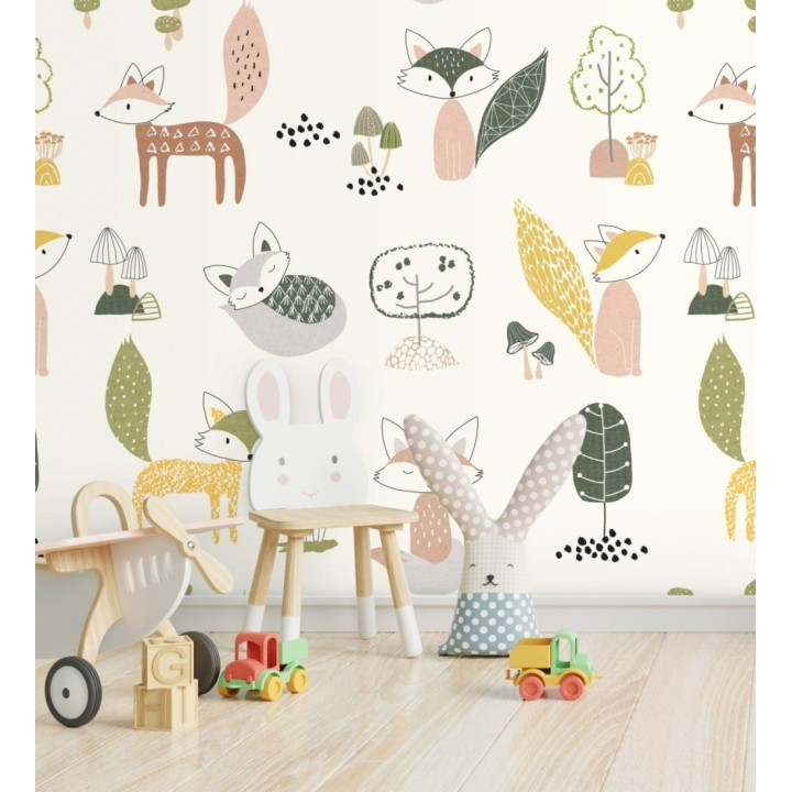 Papel pintado mural infantil con adorables zorritos en el bosque - Baby Joy 683212