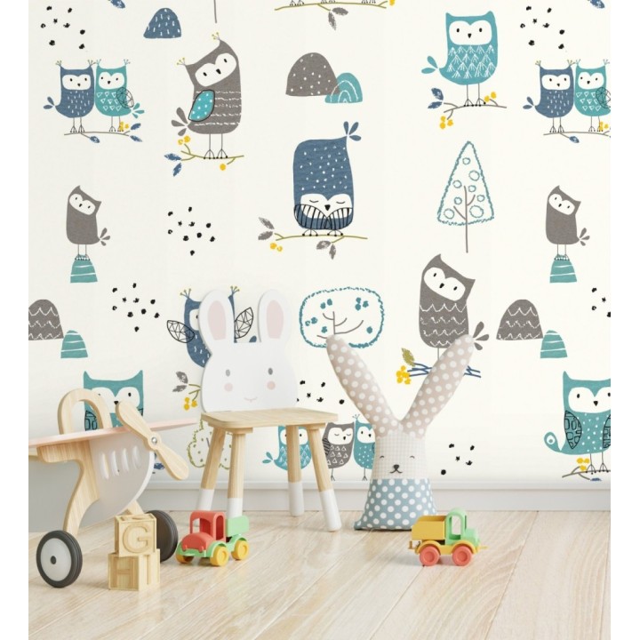 Papel pintado mural de búhos juguetones en un bosque de fantasía para niños - Baby Joy 683213