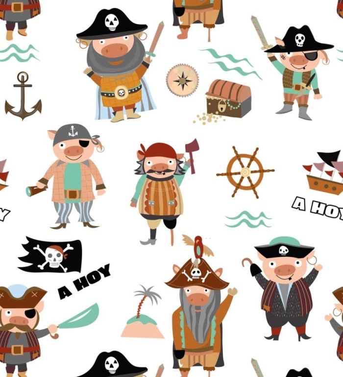 Papel pintado mural con divertidos cerditos piratas y barcos del tesoro - Baby Joy 683214