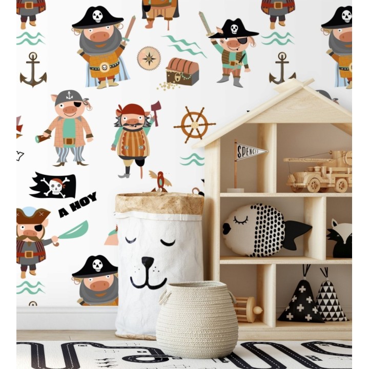 Papel pintado mural con divertidos cerditos piratas y barcos del tesoro - Baby Joy 683214