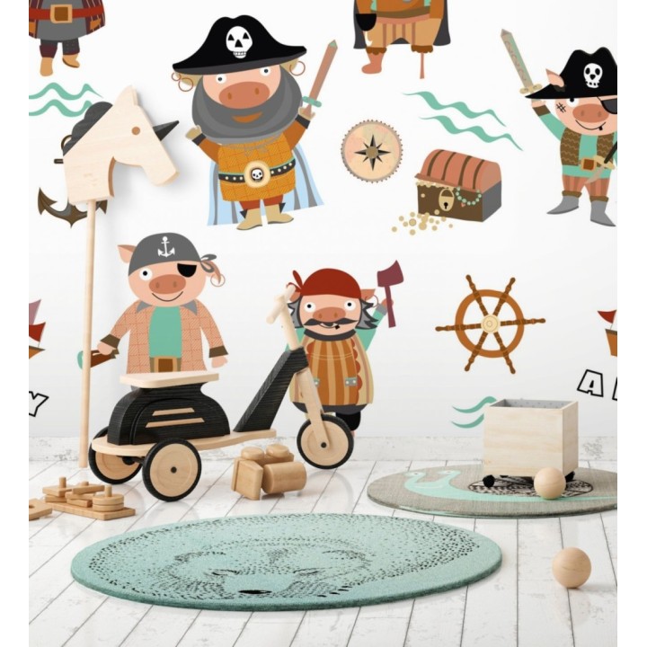 Papel pintado mural con divertidos cerditos piratas y barcos del tesoro - Baby Joy 683214