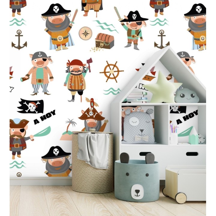Papel pintado mural con divertidos cerditos piratas y barcos del tesoro - Baby Joy 683214
