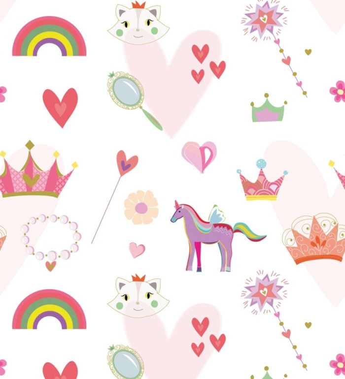 Papel pintado mural con unicornios, coronas y arcoíris para niñas - Baby Joy 683216