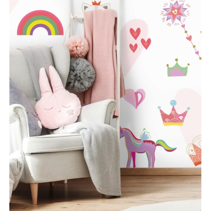 Papel pintado mural con unicornios, coronas y arcoíris para niñas - Baby Joy 683216
