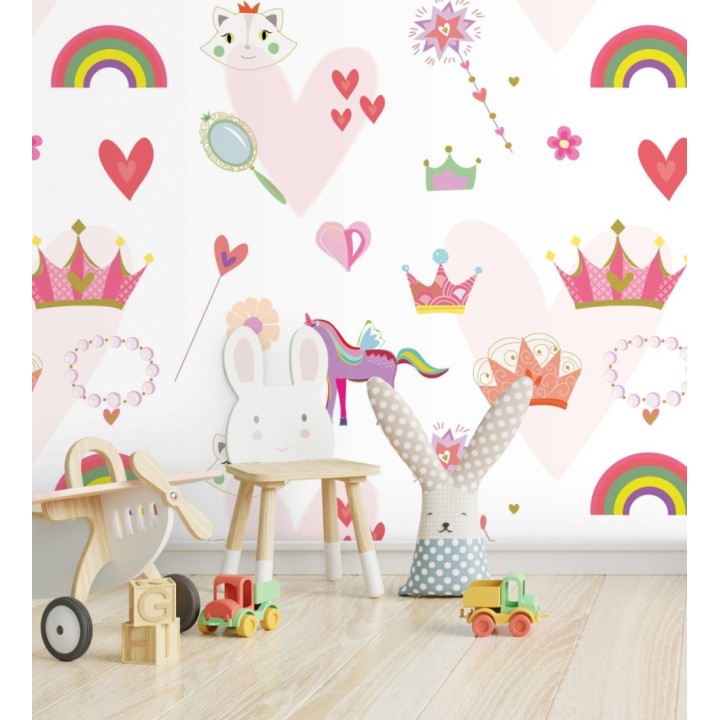 Papel pintado mural con unicornios, coronas y arcoíris para niñas - Baby Joy 683216