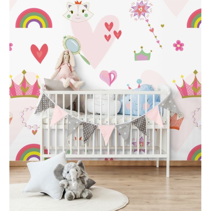 Papel pintado mural con unicornios, coronas y arcoíris para niñas - Baby Joy 683216