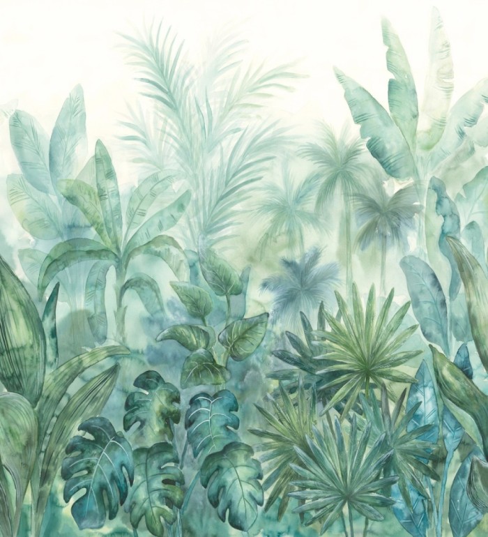 Papel pintado mural de vegetación tropical con hojas y palmeras en tonos azules y verdes - Lush Paradise 683218