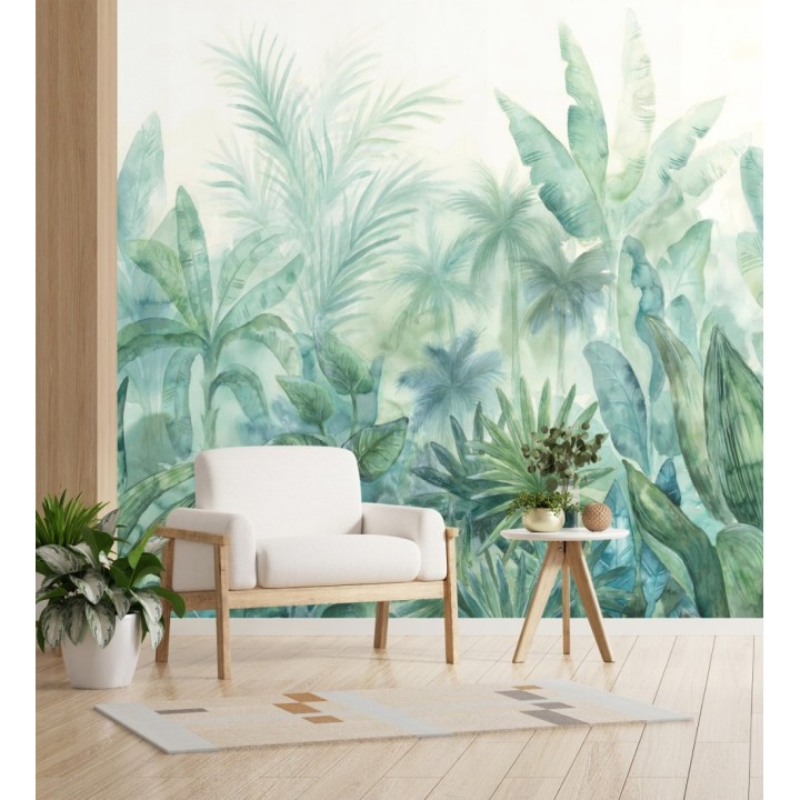 Papel pintado mural de vegetación tropical con hojas y palmeras en tonos azules y verdes - Lush Paradise 683218