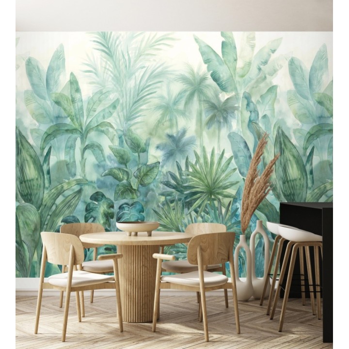 Papel pintado mural de vegetación tropical con hojas y palmeras en tonos azules y verdes - Lush Paradise 683218