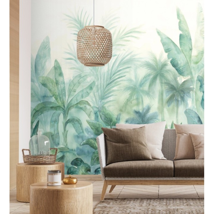 Papel pintado mural de vegetación tropical con hojas y palmeras en tonos azules y verdes - Lush Paradise 683218