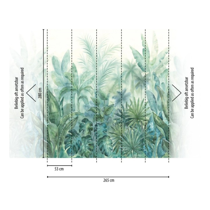 Papel pintado mural de vegetación tropical con hojas y palmeras en tonos azules y verdes - Lush Paradise 683218