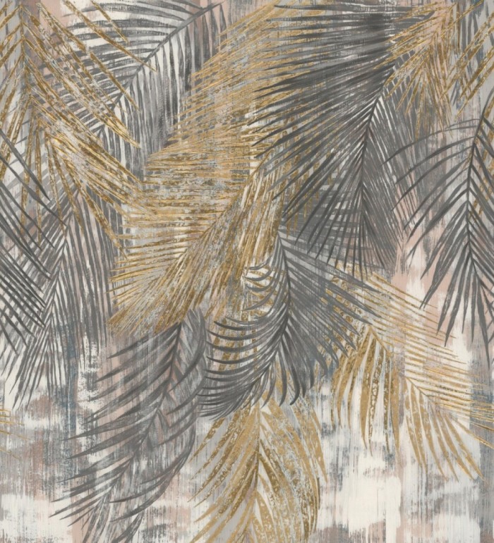 Papel pintado mural hojas de palmera en tonos dorados y grises - Exotic Wilderness 683221