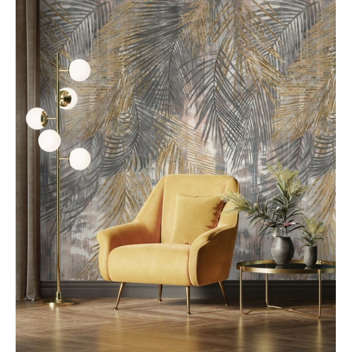 Papel pintado mural hojas de palmera en tonos dorados y grises - Exotic Wilderness 683221