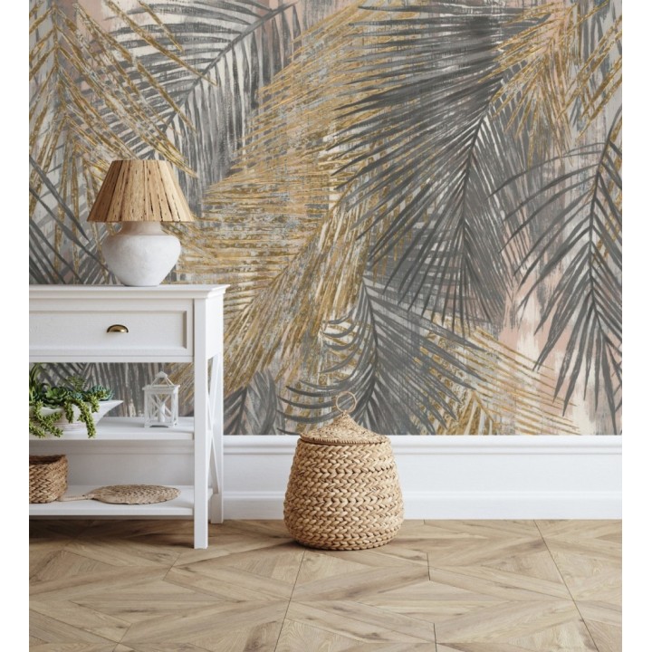 Papel pintado mural hojas de palmera en tonos dorados y grises - Exotic Wilderness 683221