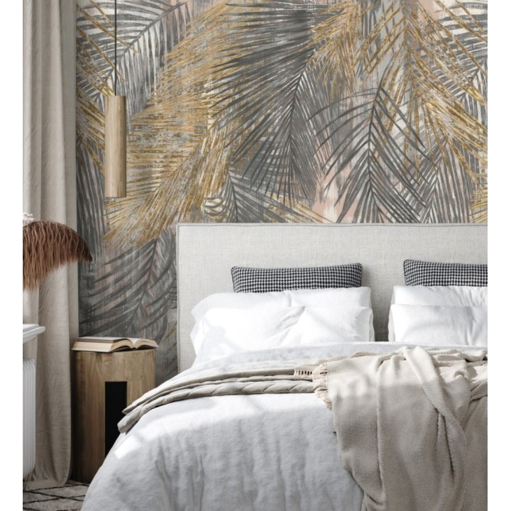 Papel pintado mural hojas de palmera en tonos dorados y grises - Exotic Wilderness 683221