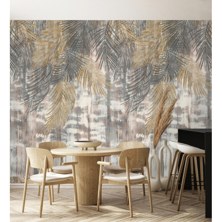 Papel pintado mural hojas de palmera en tonos dorados y grises - Exotic Wilderness 683221