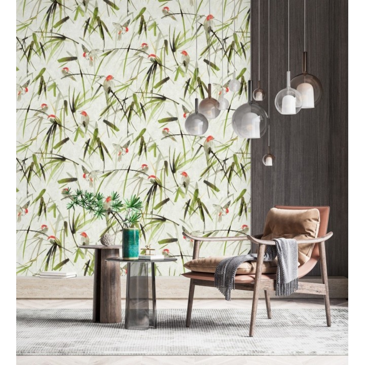 Papel pintado mural de pajaritos y ramas verdes - African Oasis 683223