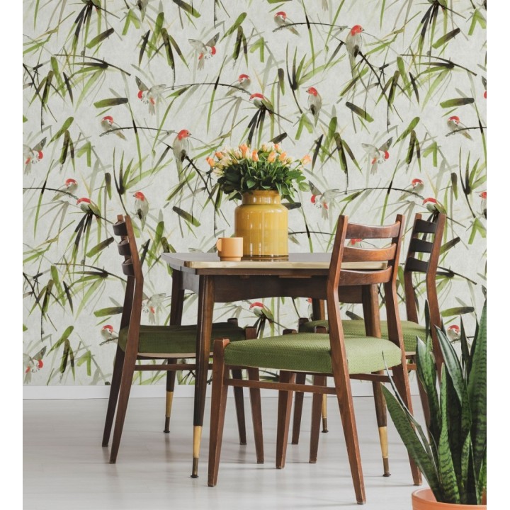 Papel pintado mural de pajaritos y ramas verdes - African Oasis 683223