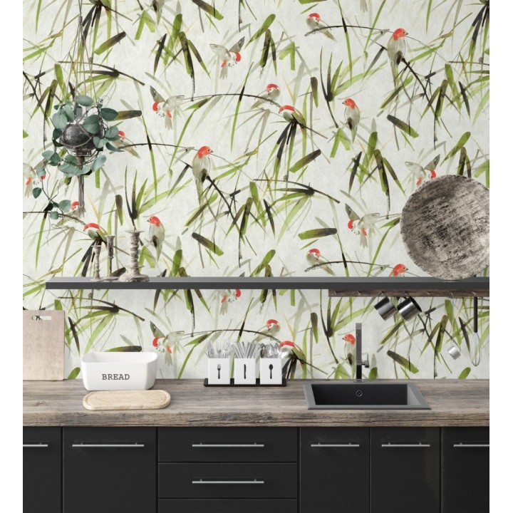 Papel pintado mural de pajaritos y ramas verdes - African Oasis 683223