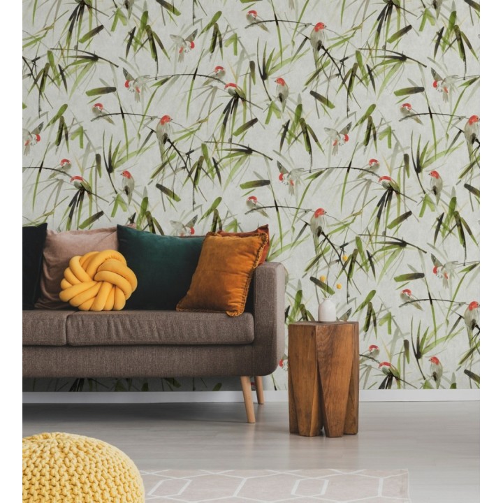 Papel pintado mural de pajaritos y ramas verdes - African Oasis 683223