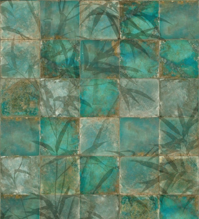 Papel pintado mural de azulejos con detalles de hojas en tonos verdes - Exotic Wilderness 683224